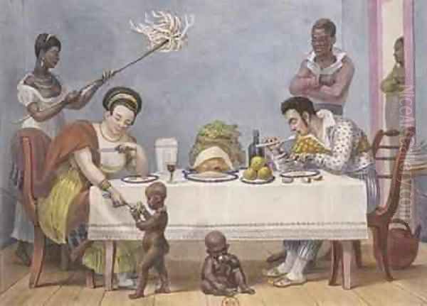 The Dinner a white couple being served and fanned by black slaves Oil Painting by Jean Baptiste Debret