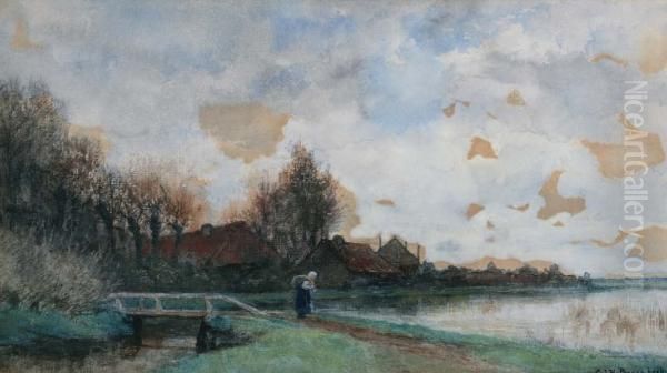 Boerderijen Aan Polderplas Oil Painting by Geo Poggenbeek