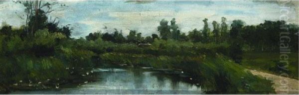 Landscape With Trees Near A Pond Oil Painting by Geo Poggenbeek