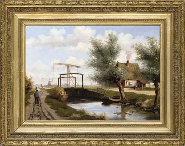 A Boat Moored Beside The Lock Oil Painting by Geo Poggenbeek