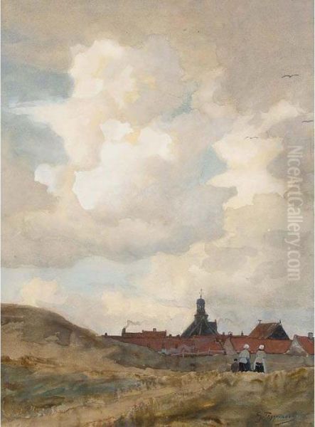 A Dune Landscape With Fisherwomen Returning Home Oil Painting by Geo Poggenbeek