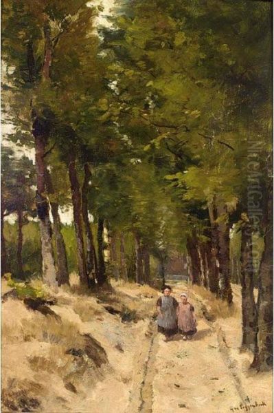 Children In A Forest Landscape Oil Painting by Geo Poggenbeek