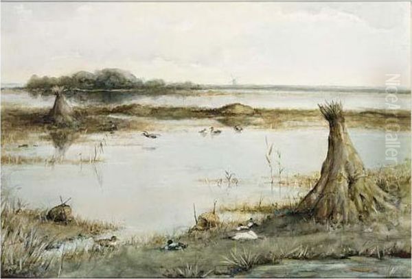 A Polder Landscape Near Kortenhoef Oil Painting by Geo Poggenbeek