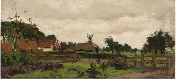 A Farmer At Work , Farmhouses Beyond Oil Painting by Geo Poggenbeek