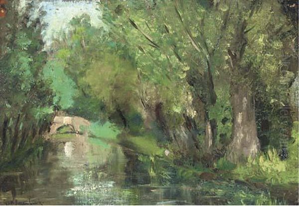 A Wooded River Landscape Oil Painting by Geo Poggenbeek