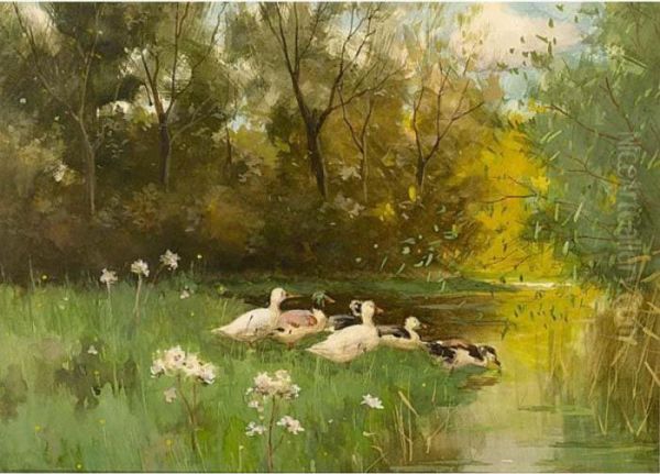 Ducks On The Riverbank Oil Painting by Geo Poggenbeek