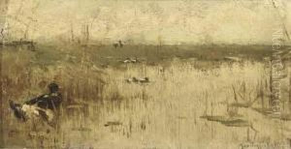 Amongst Reeds In The Polder Oil Painting by Geo Poggenbeek