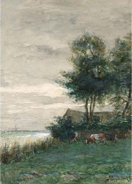 Cows In A Polder Landscape Oil Painting by Geo Poggenbeek