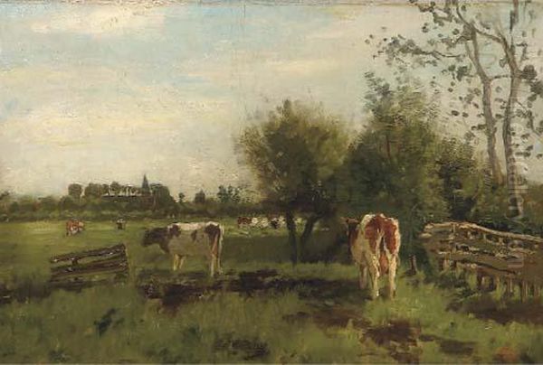 Cows In A Meadow In Spring, A Church Beyond Oil Painting by Geo Poggenbeek