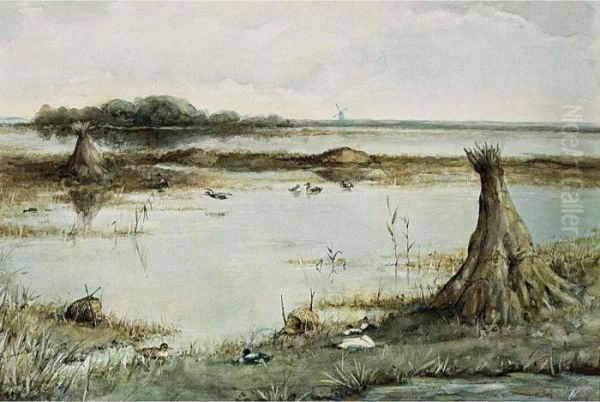 Ducks In A Landscape Near Kortenhoef Oil Painting by Geo Poggenbeek