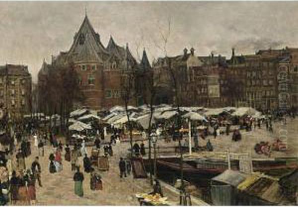 Market Day At The Nieuwmarkt, Amsterdam Oil Painting by Geo Poggenbeek