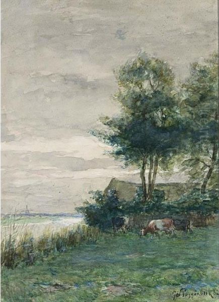 A Polder Landscape With Grazing Cows Oil Painting by Geo Poggenbeek