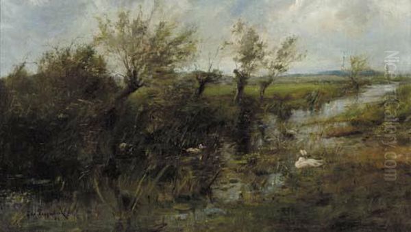 A Polder Landscape With Ducks On A Riverbank Oil Painting by Geo Poggenbeek