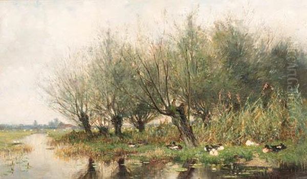 Ducks On A Riverbank Under The Pollard Willows Oil Painting by Geo Poggenbeek