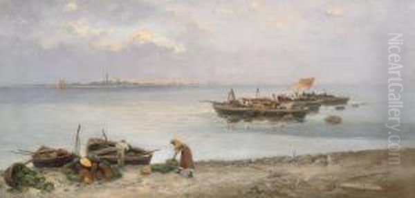 Unloading Supplies On The Venetian Lagoon Oil Painting by Giuseppe Pogna