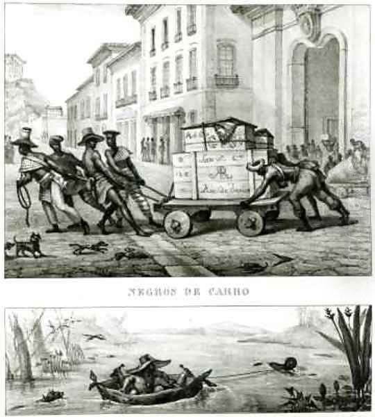 Negroes with a Cart and a Brazilian boat made from leather Oil Painting by Jean Baptiste Debret