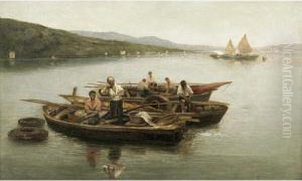 Barche Di Pescatori In Laguna Oil Painting by Giuseppe Pogna