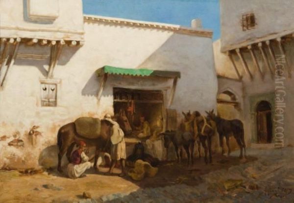 Halte D'orientaux Et Leurs Anes Dans Un Village Oil Painting by Armand Point