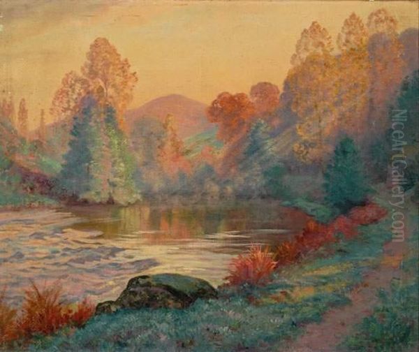 Coucher De Soleil Sur La Creuse Au Moulin Genetain A Crozant Oil Painting by Armand Point