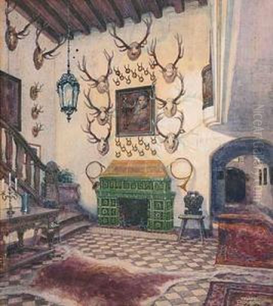 Halle Eines Jagdschlosses Oil Painting by Franz Poledne