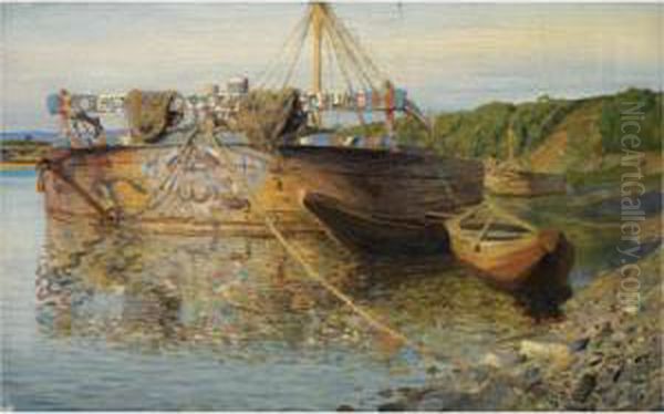 Barge On The River Oka Oil Painting by Vasily Polenov