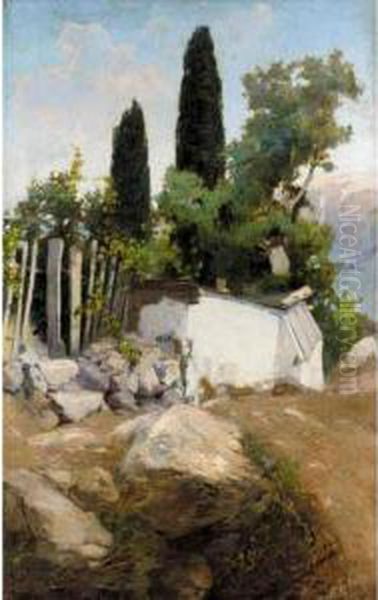 Landscape With Well And Cypress Trees Oil Painting by Vasily Polenov