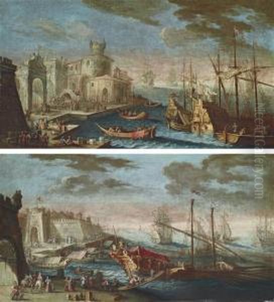 A Mediterranean Harbour With 
Stevedores And Other Figures On The Quay; And A Mediterranean Harbour 
With Figures On The Quay Oil Painting by Gherardo Poli