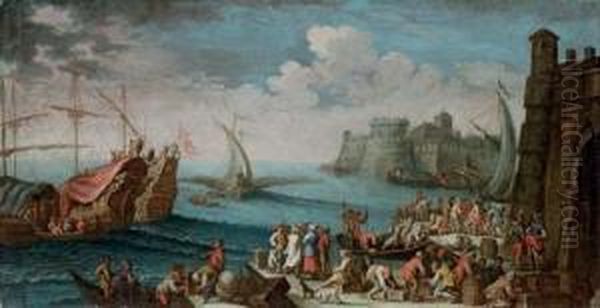 A Mediterranean Harbour With 
Stevedores And Other Figures On The Quay, Men'o-war And Other Shipping 
Beyond Oil Painting by Gherardo Poli