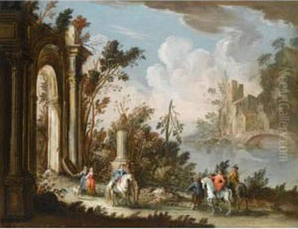 River Landscape With Cavaliers 
Conversing Before Ruins A Bridge And A House 
Beyond Oil Painting by Gherardo Poli