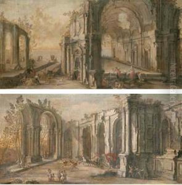 Washerwomen And Other Figures Among Architectural Ruins Oil Painting by Gherardo Poli