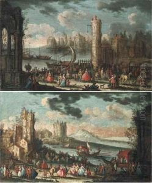 A Capriccio Of A Mediterranean 
Port With Stevedores Unloading Cargofrom A Ship And Elegant Townsfolk 
Promenading; And A Capriccio Of Amediterranean Coastal Town With Elegant
 Townsfolk And Passengers Ina Barge Oil Painting by Gherardo Poli