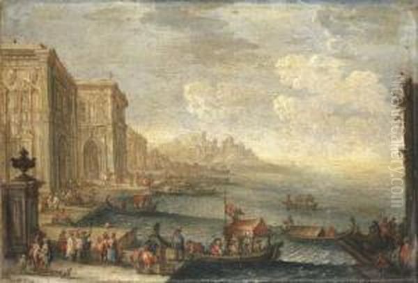 An Architectural Capriccio Of A Mediterranean Port Oil Painting by Gherardo Poli