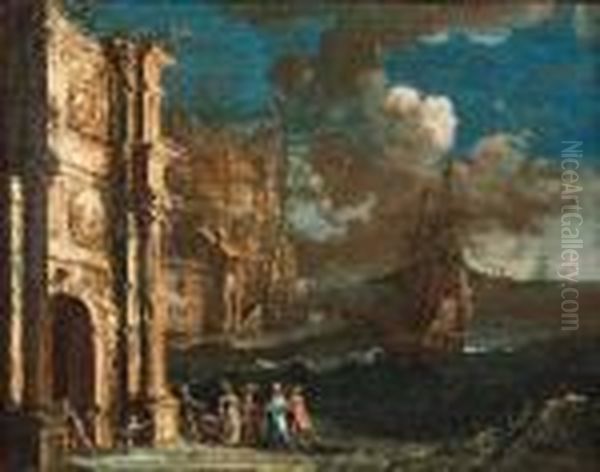 Capriccio Architettonico Di 
Rovine Antiche, Con Una Porta Diroccatadi Ordine Corinzio Ornata Da Vari
 Rilievi Marmorei, Presso Unacosta Mediterranea Con Astanti In Costumi 
Galanti Ed Un Velieroalla Fonda Oil Painting by Gherardo Poli