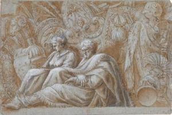 Design For A Decorative Frieze With Two Seated Figures Oil Painting by Polidoro Da Caravaggio (Caldara)