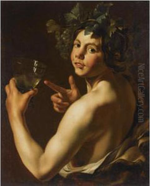 Young Bacchus Holding A Roemer Oil Painting by Polidoro Da Caravaggio (Caldara)