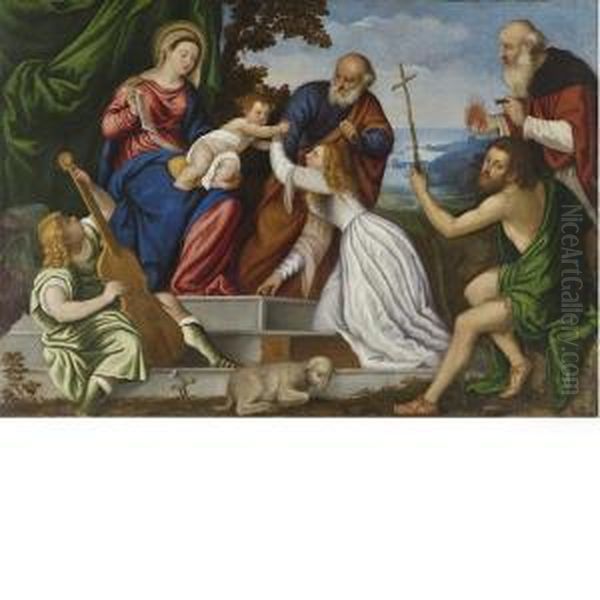 Sposalizio Mistico Di Santa 
Caterina Coi Santi Giuseppe, Giovanni Battista E Antonio Abate Oil Painting by Polidoro Lanzani (see Polidoro Da Lanciano)