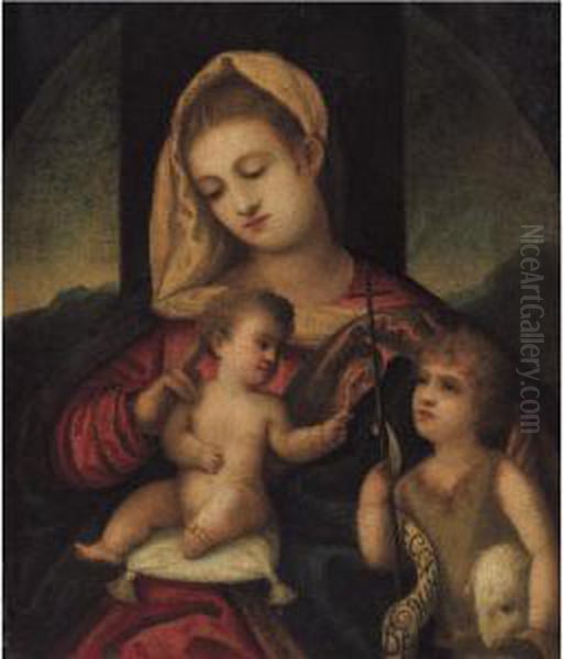 The Madonna And Child With The Infant Saint John The Baptist Oil Painting by Polidoro Lanzani (see Polidoro Da Lanciano)