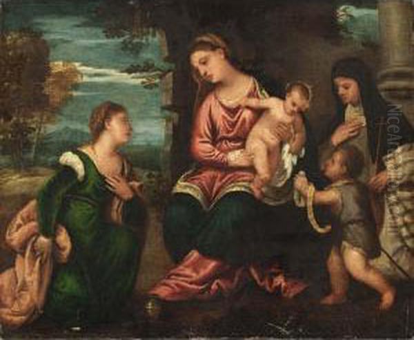 The Madonna And Child With Saint
 Mary Magdalene, Saint Elizabeth And The Infant Saint John The Baptist Oil Painting by Polidoro Lanzani (see Polidoro Da Lanciano)