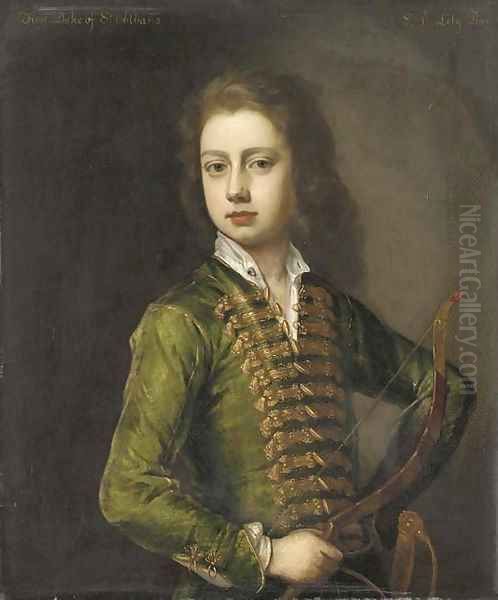 Portrait of a young gentleman, half-length, in a green coat, with gold frogging, holding a bow in his left hand Oil Painting by Michael Dahl