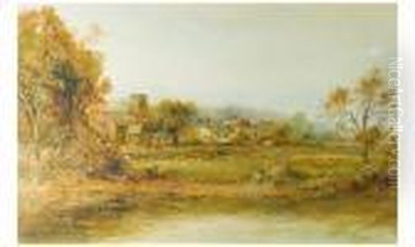 Church/church Yard/village In The Distance With Sheep Grazing. Oil Painting by Albert Pollitt