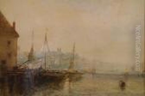 Fishing Boats In A Harbour Oil Painting by Albert Pollitt