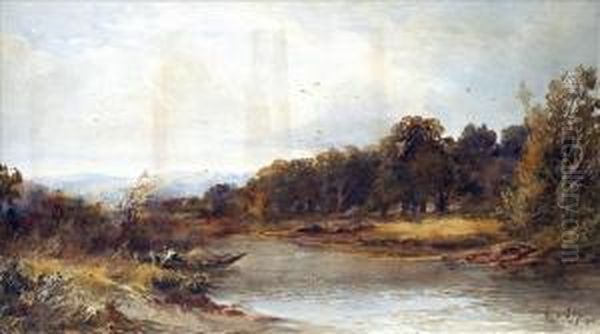 Autumn, Woodedriver Landscape With Figure And Ferry Oil Painting by Albert Pollitt