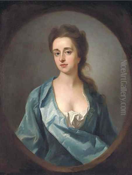 Portrait of Mary Dowdeswell, half-length, in a blue gown, feigned oval Oil Painting by Michael Dahl