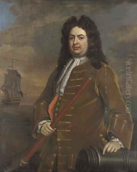 Portrait of Admiral Sir Thomas Hardy, three-quarter-length, with a telescope in his right hand, his left hand resting on a cannon, his ship beyond Oil Painting by Michael Dahl