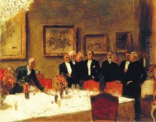 Members Of The Feszek Club (from
 The Left: Istvan Csok, Oszkarglatz, Adolf Fenyes, Falus, Zador, 
Zsigmond Kisfaludi Strobl, Tiborpolya, Bela Ivanyi Grunwald) Oil Painting by Tibor Polya