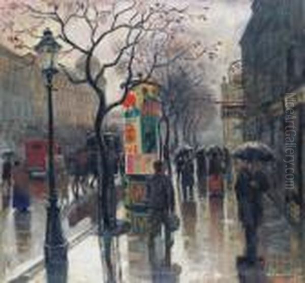 Boulevard In The Rain With A Hansom Cab Oil Painting by Tibor Polya