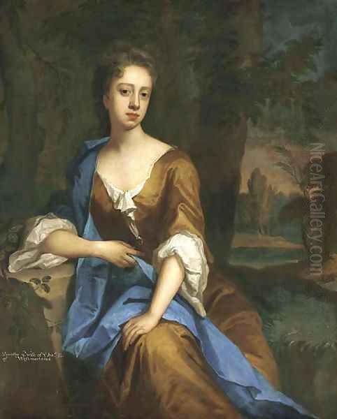 Portrait of Dorothy Brudenell, Countess of Westmorland, three-quarter-length, seated in an ochre dress with a blue wrap Oil Painting by Michael Dahl