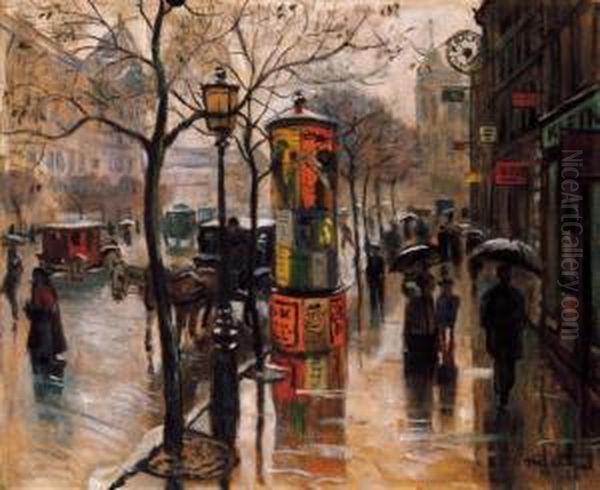 Autumn Rain On The Boulevard Oil Painting by Tibor Polya