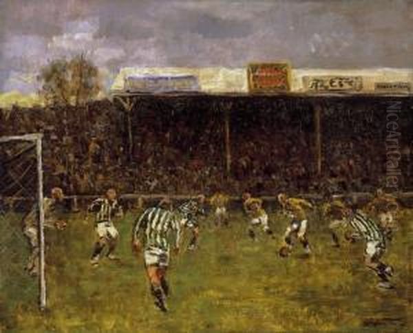 The Ferencvaros' Football Ground In Nepliget Before The Second World War Oil Painting by Tibor Polya