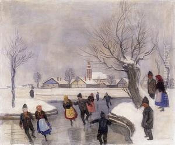 Skaters At He Village End Oil Painting by Tibor Polya